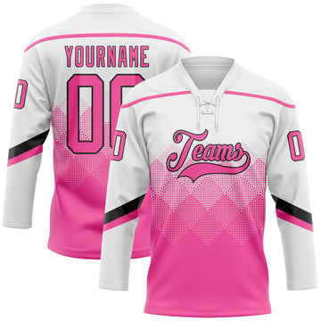 Custom Black Pink-Black 3D Pattern  Gradient Square Shapes Hockey Lace Neck Jersey