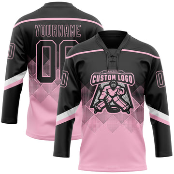 Custom Black Light Pink-White 3D Pattern Gradient Square Shapes Hockey Lace Neck Jersey