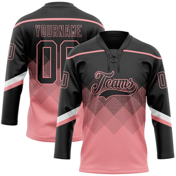 Custom Black Medium Pink-White 3D Pattern Gradient Square Shapes Hockey Lace Neck Jersey