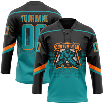 Custom Black Teal-Orange 3D Pattern Gradient Square Shapes Hockey Lace Neck Jersey