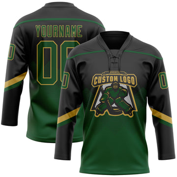 Custom Black Green-Old Gold 3D Pattern Gradient Square Shapes Hockey Lace Neck Jersey