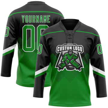 Custom Black Grass Green-White 3D Pattern Gradient Square Shapes Hockey Lace Neck Jersey
