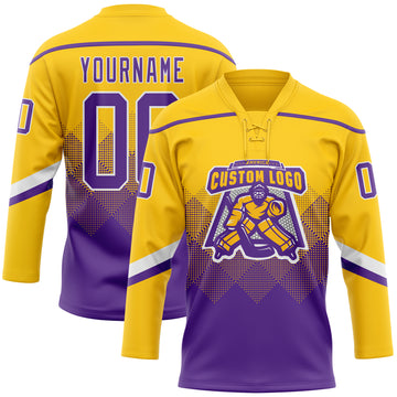 Custom Yellow Purple-White 3D Pattern Gradient Square Shapes Hockey Lace Neck Jersey