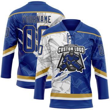 Custom Royal White-Old Gold 3D Pattern Gradient Fashion Scratch Hockey Lace Neck Jersey
