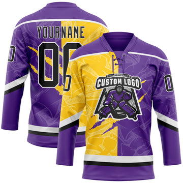 Custom Purple Black Yellow-White 3D Pattern Gradient Fashion Scratch Hockey Lace Neck Jersey