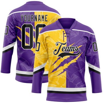 Custom Purple Black Yellow-White 3D Pattern Gradient Fashion Scratch Hockey Lace Neck Jersey