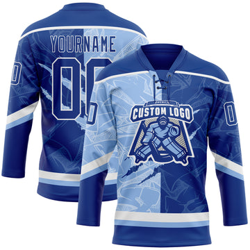 Custom Royal Light Blue-White 3D Pattern Gradient Fashion Scratch Hockey Lace Neck Jersey