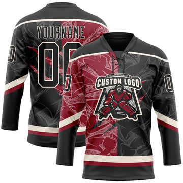 Custom Black Crimson-Cream 3D Pattern Gradient Fashion Scratch Hockey Lace Neck Jersey