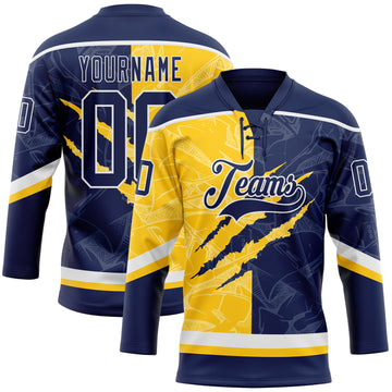 Custom Navy Yellow-White 3D Pattern Gradient Fashion Scratch Hockey Lace Neck Jersey