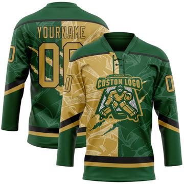 Custom Green Old Gold-Black 3D Pattern Gradient Fashion Scratch Hockey Lace Neck Jersey