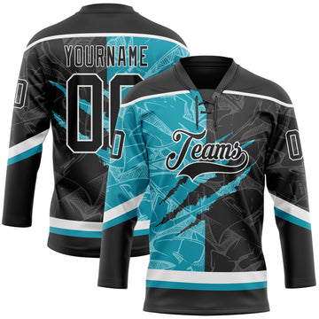 Custom Black Teal-White 3D Pattern Gradient Fashion Scratch Hockey Lace Neck Jersey