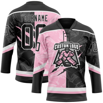 Custom Black Light Pink-White 3D Pattern Gradient Fashion Scratch Hockey Lace Neck Jersey