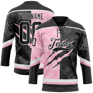 Custom Black Light Pink-White 3D Pattern Gradient Fashion Scratch Hockey Lace Neck Jersey