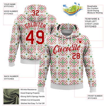 Custom Stitched White Red-White 3D Christmas Sports Pullover Sweatshirt Hoodie