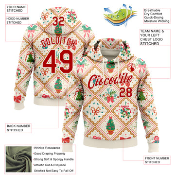 Custom Stitched Cream Red-Cream 3D Christmas Patchwork Sports Pullover Sweatshirt Hoodie