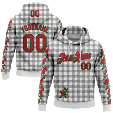 Custom Stitched White Red-Green 3D Christmas Floral Plaid Sports Pullover Sweatshirt Hoodie
