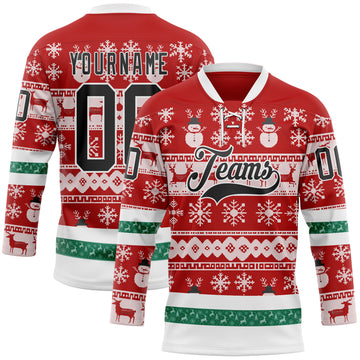 Custom Red Black-White 3D Christmas Ugly Sweater Hockey Lace Neck Jersey