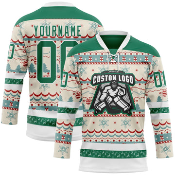 Custom Red Kelly Green-White 3D Christmas Ugly Sweater Hockey Lace Neck Jersey