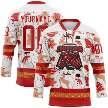 Custom White Red-White 3D Christmas Hockey Lace Neck Jersey