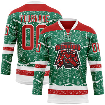 Custom Kelly Green Red-White 3D Christmas Hockey Lace Neck Jersey