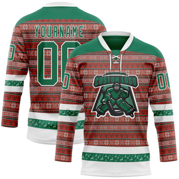 Custom Red Kelly Green-White 3D Christmas Ugly Sweater Hockey Lace Neck Jersey