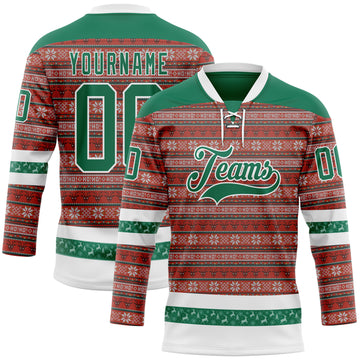 Custom Red Kelly Green-White 3D Christmas Ugly Sweater Hockey Lace Neck Jersey