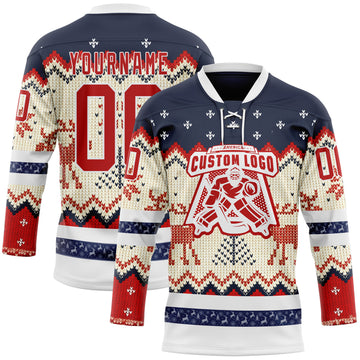 Custom Navy Red-White 3D Christmas Ugly Sweater Hockey Lace Neck Jersey