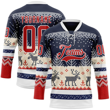 Custom Navy Red-White 3D Christmas Ugly Sweater Hockey Lace Neck Jersey