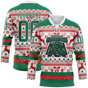 Custom Red Kelly Green-White 3D Christmas Ugly Sweater Hockey Lace Neck Jersey