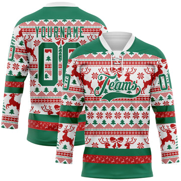 Custom Red Kelly Green-White 3D Christmas Ugly Sweater Hockey Lace Neck Jersey