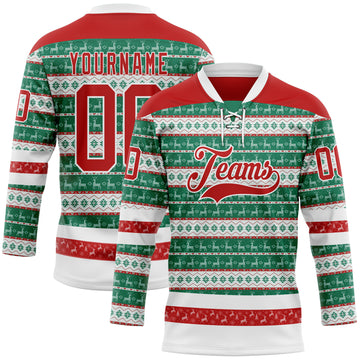 Custom Kelly Green Red-White 3D Christmas Ugly Sweater Hockey Lace Neck Jersey