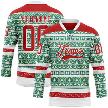 Custom Kelly Green Red-White 3D Christmas Ugly Sweater Hockey Lace Neck Jersey