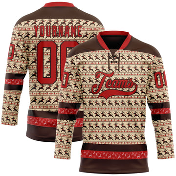 Custom City Cream Red-Brown 3D Christmas Hockey Lace Neck Jersey