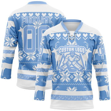 Custom White Light Blue-White 3D Christmas Ugly Sweater Hockey Lace Neck Jersey