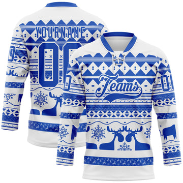 Custom White Thunder Blue-White 3D Christmas Ugly Sweater Hockey Lace Neck Jersey