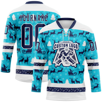 Custom Lakes Blue Navy-White 3D Christmas Hockey Lace Neck Jersey