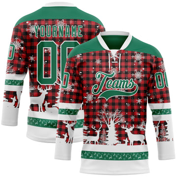 Custom Red Kelly Green-White 3D Christmas Plaid Hockey Lace Neck Jersey