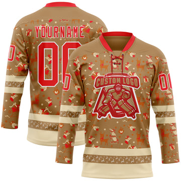 Custom Old Gold Fire Red-White 3D Christmas Hockey Lace Neck Jersey