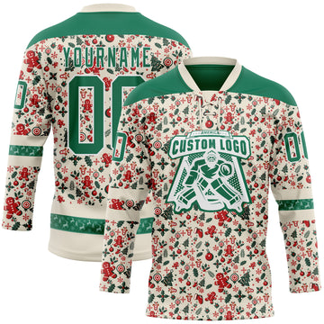 Custom Cream Kelly Green-White 3D Christmas Hockey Lace Neck Jersey