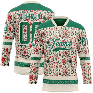 Custom Cream Kelly Green-White 3D Christmas Hockey Lace Neck Jersey