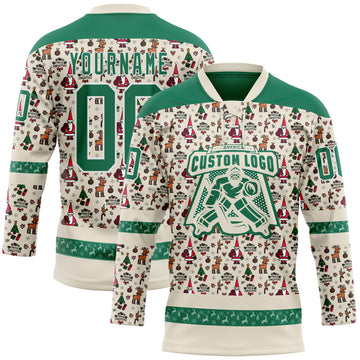Custom Cream Kelly Green-White 3D Christmas Hockey Lace Neck Jersey