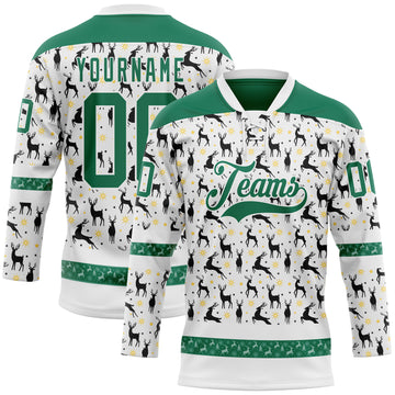 Custom White Kelly Green-White 3D Christmas Hockey Lace Neck Jersey