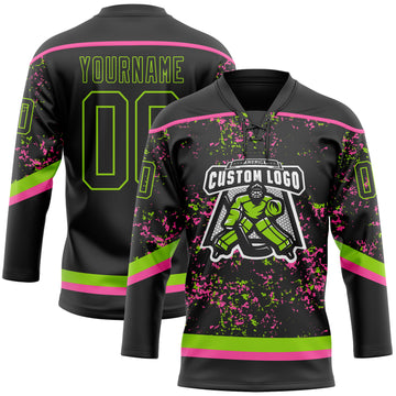 Custom Black Neon Green-Pink 3D Pattern Fragment Art Hockey Lace Neck Jersey