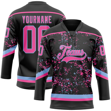 Custom Black Pink-Light Blue 3D Pattern Fragment Art Hockey Lace Neck Jersey