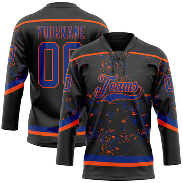 Custom Black Royal-Orange 3D Pattern Fragment Art Hockey Lace Neck Jersey