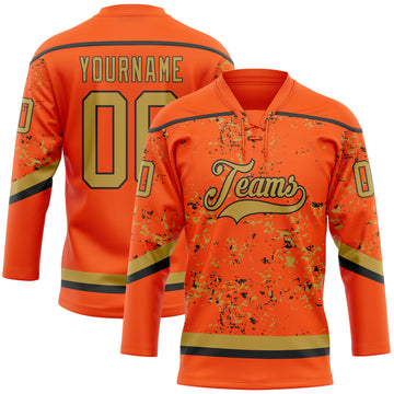 Custom Orange Old Gold-Black 3D Pattern Fragment Art Hockey Lace Neck Jersey