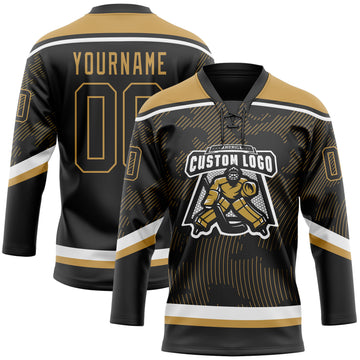 Custom Black Old Gold-White 3D Pattern Curve Lines Hockey Lace Neck Jersey