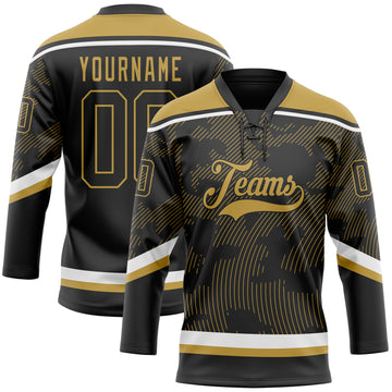 Custom Black Old Gold-White 3D Pattern Curve Lines Hockey Lace Neck Jersey