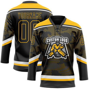 Custom Black Gold-White 3D Pattern Curve Lines Hockey Lace Neck Jersey