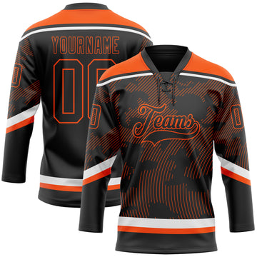 Custom Black Orange-White 3D Pattern Curve Lines Hockey Lace Neck Jersey